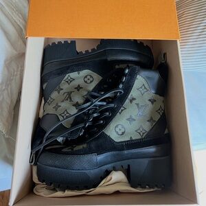 Louis Vuitton Womens Olive Monogram and Black Lug-Sole Boots